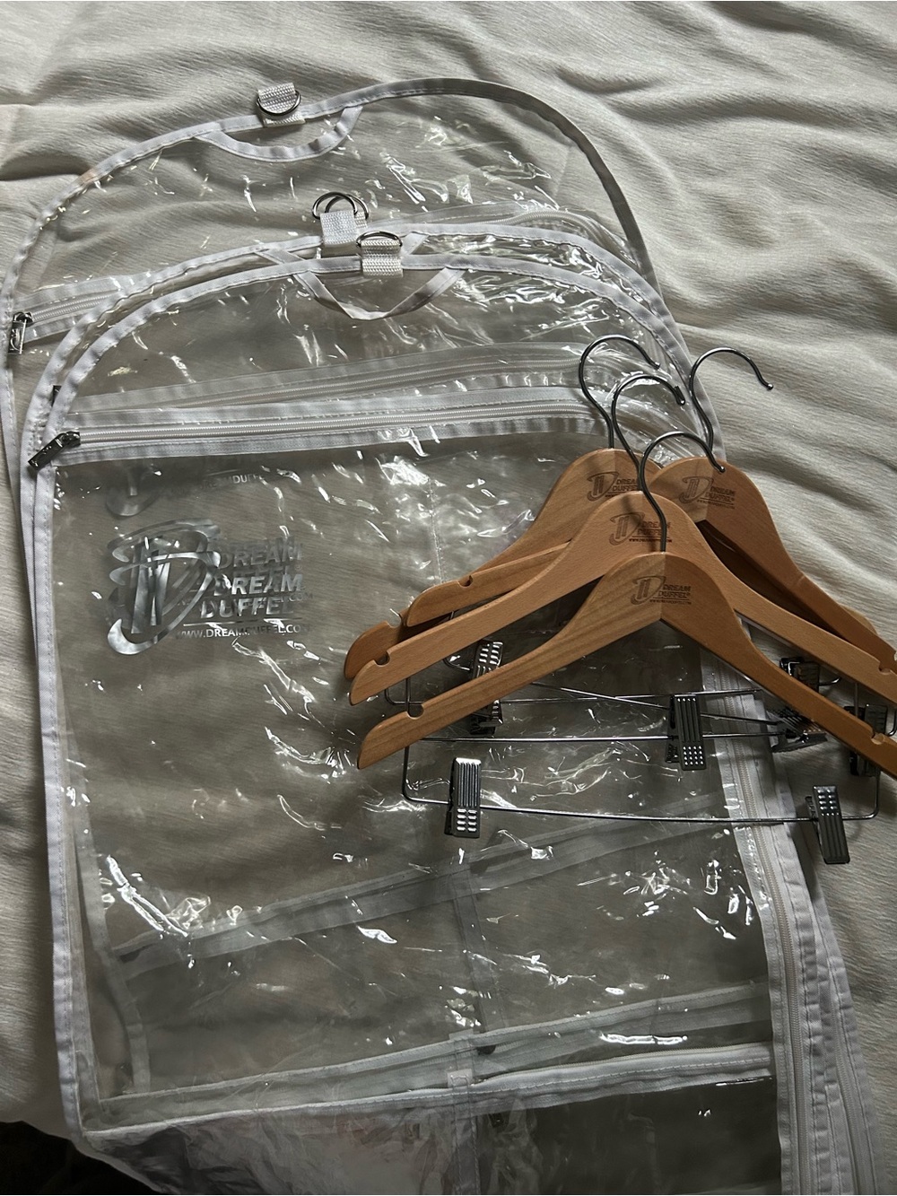 Dream Duffel Clear Garment Bags with 4 wooden hangers x4